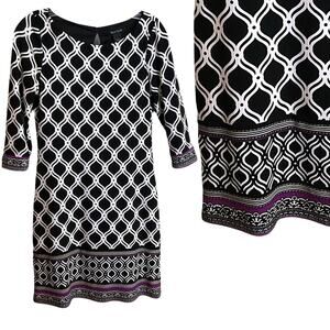 White House Black Market Dress Black White Purple Geometric Stretch Travel XXS